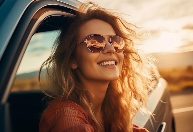 Portrait photo d'une femme qui sort de la fenêtre de la voiture pendant qu'elle conduit une voiture dans la nature estivale