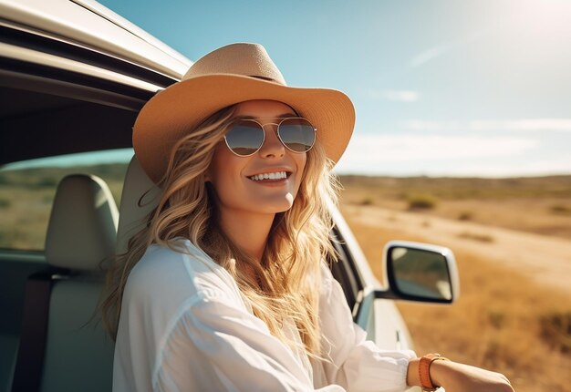 Portrait photo d'une femme qui sort de la fenêtre de la voiture pendant qu'elle conduit une voiture dans la nature estivale