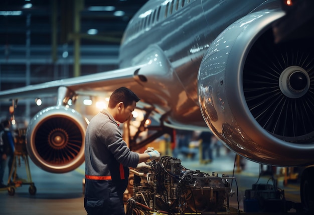 Photo portrait photo d'un ingénieur travaillant à la fabrication et à la réparation de pièces d'avion