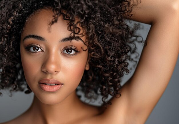 Portrait photo d'une jeune beauté noire africaine fille modèle avec les cheveux bouclés posant pour une photo