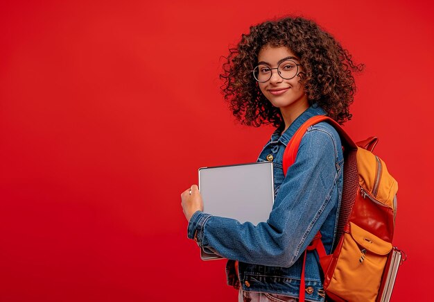 Photo portrait photo d'une jeune étudiante universitaire souriante tenant des livres avec un sac à dos