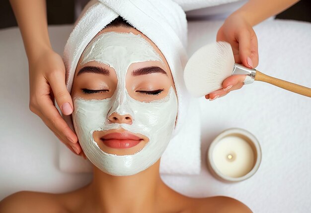 Portrait photo d'une jeune femme belle recevant un traitement de beauté pour son visage