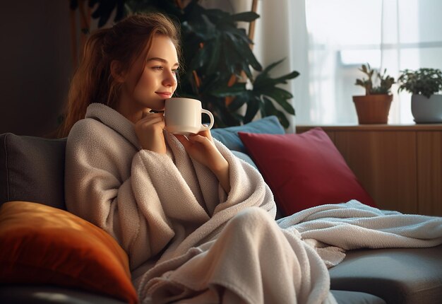 Portrait photo d'une jeune femme buvant le thé du matin