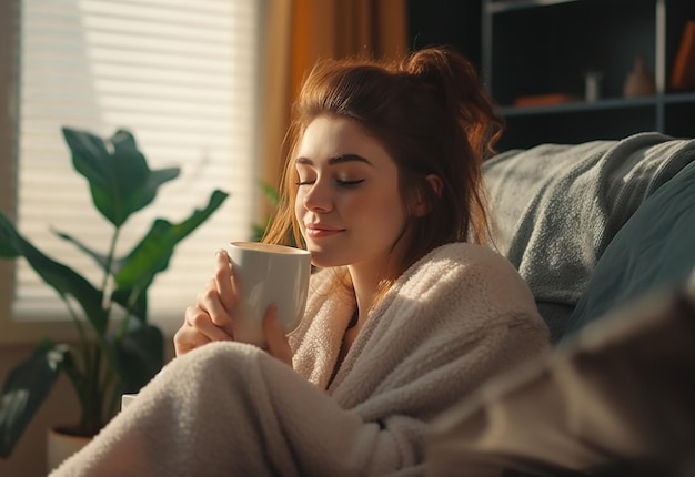 Portrait photo d'une jeune femme buvant le thé du matin