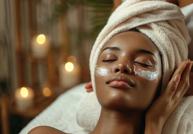 Photo portrait photo d'une jeune femme recevant un massage de la tête et un traitement facial au salon de spa