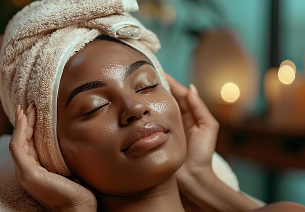 Photo portrait photo d'une jeune femme recevant un massage de la tête et un traitement facial au salon de spa