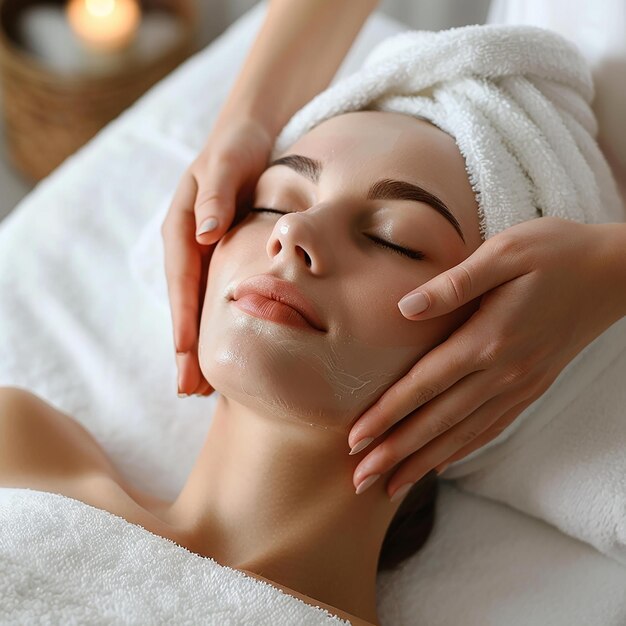 Photo portrait photo d'une jeune femme recevant un massage de la tête et un traitement facial au salon de spa