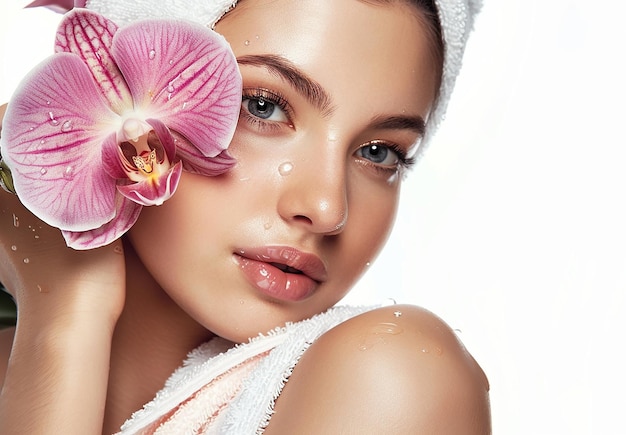 Photo portrait photo d'une jeune femme, d'un visage de beauté sur un fond blanc, d'une mannequin de beauté faciale de salon de spa