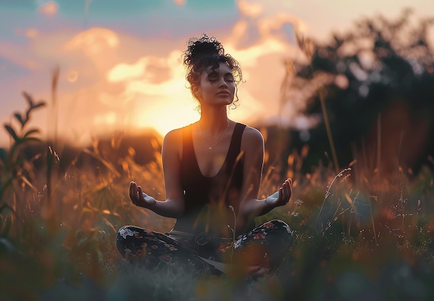 Portrait photo d'une jeune fille assise dans un champ et faisant du yoga de méditation