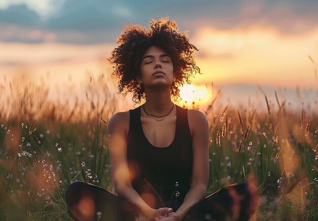 Photo portrait photo d'une jeune fille assise dans un champ et faisant du yoga de méditation