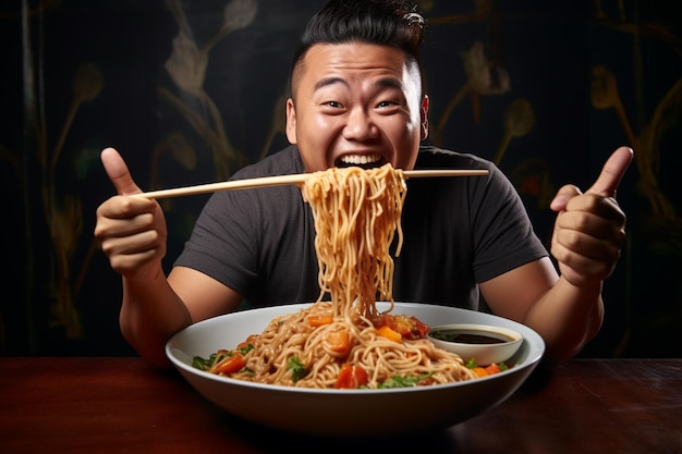 Portrait photo d'un jeune homme asiatique heureux appréciant les nouilles en mangeant un concept de déjeuner