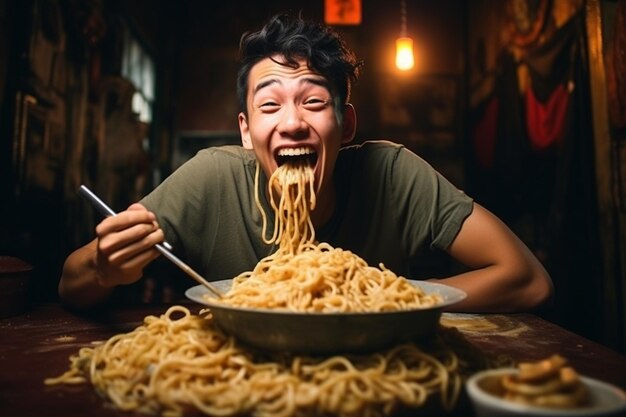 Portrait photo d'un jeune homme asiatique heureux appréciant les nouilles en mangeant un concept de déjeuner