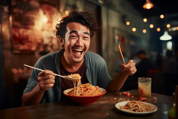 Portrait photo d'un jeune homme asiatique heureux appréciant les nouilles en mangeant un concept de déjeuner