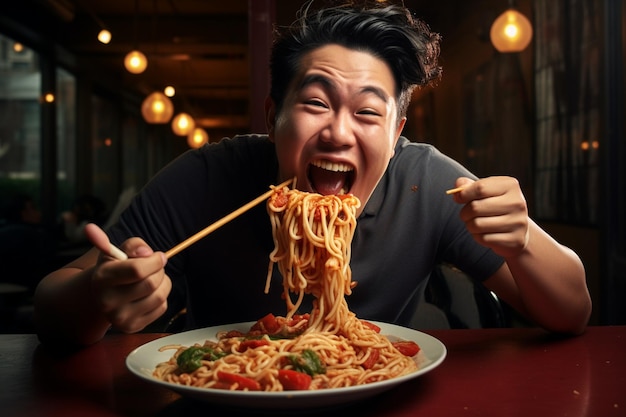 Portrait photo d'un jeune homme asiatique heureux appréciant les nouilles en mangeant un concept de déjeuner