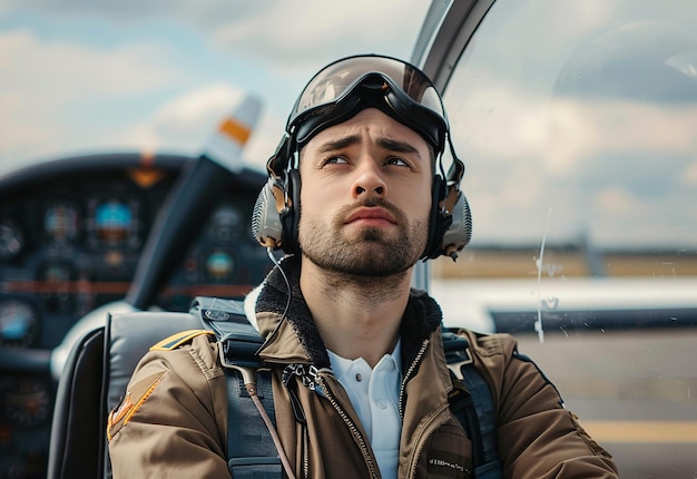 Portrait photo d'un jeune pilote en uniforme et avec des lunettes de soleil