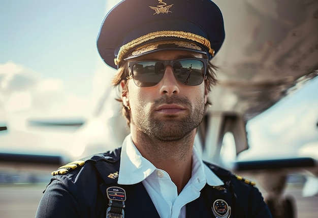 Portrait photo d'un jeune pilote en uniforme et avec des lunettes de soleil