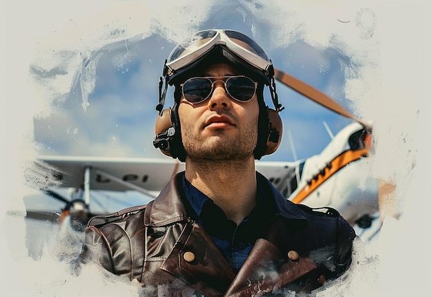 Portrait photo d'un jeune pilote en uniforme et avec des lunettes de soleil