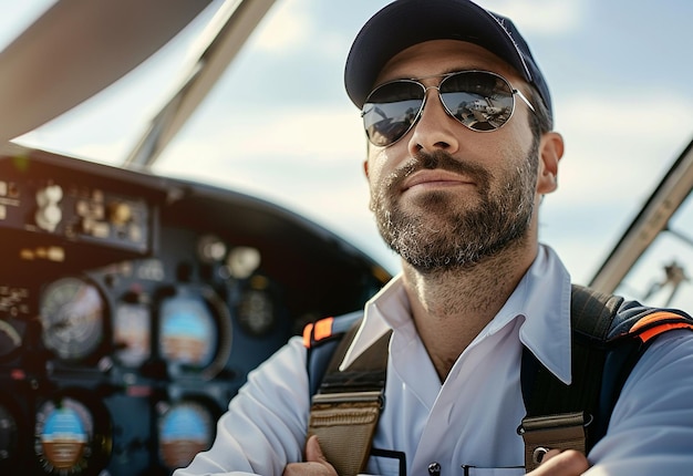 Portrait photo d'un jeune pilote en uniforme et avec des lunettes de soleil