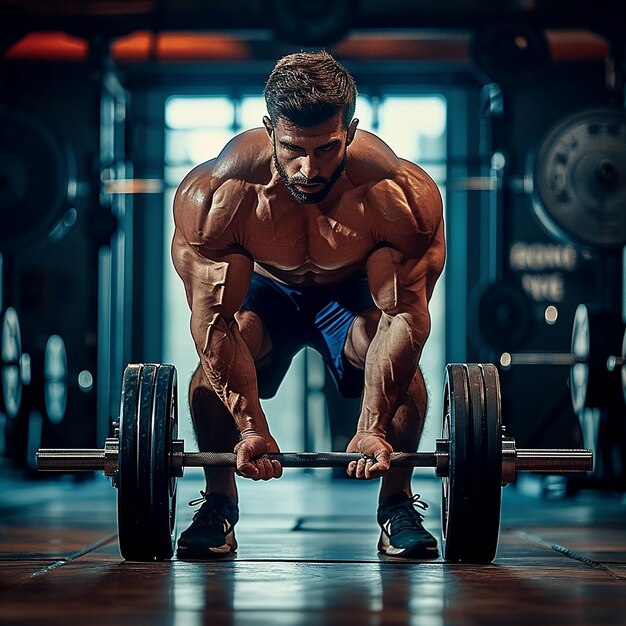 Portrait photo d'un jeune et puissant bodybuilder au gymnase avec des haltères