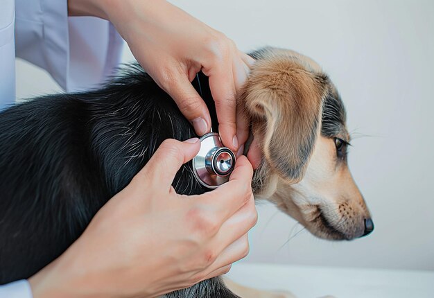 Portrait photo d'un jeune vétérinaire vérifiant un mignon chien, un chat et des animaux de compagnie