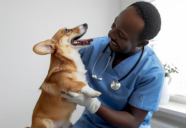 Photo portrait photo d'un jeune vétérinaire vérifiant un mignon chien, un chat et des animaux de compagnie