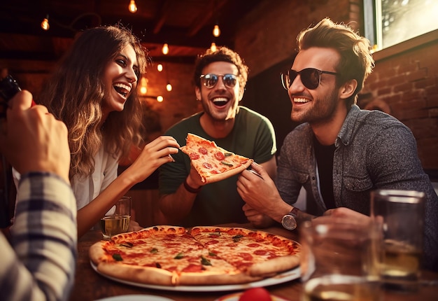 Portrait photo de jeunes amies affamées qui mangent de la pizza ensemble