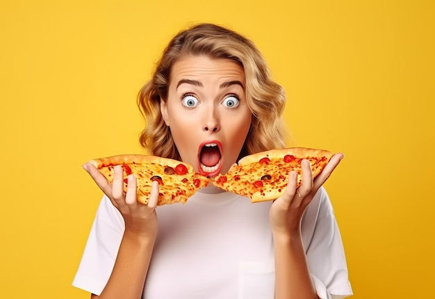 Portrait photo de jeunes amies affamées qui mangent de la pizza ensemble