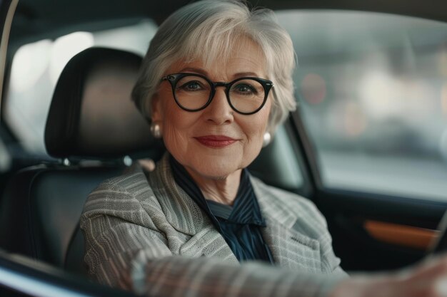 Portrait photo d'une jolie femme âgée tenant le volant en cours de conduite