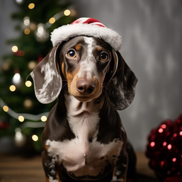 Portrait photo d'un mignon chiot à saucisses chiot à chiens portant un chapeau de père Noël