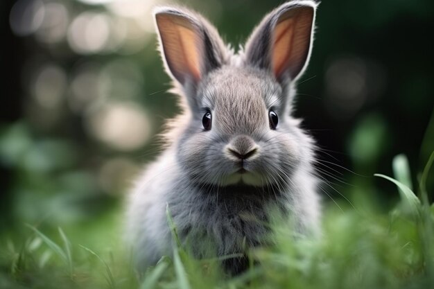 portrait photo d'un mignon lapin gris moelleux avec des oreilles sur un vert naturel