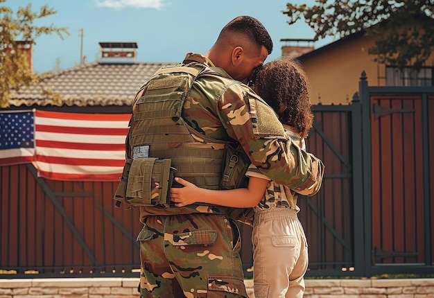 Portrait photo d'un père militaire heureux et affectueux qui embrasse sa fille