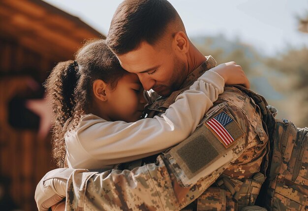 Photo portrait photo d'un père militaire heureux et affectueux qui embrasse sa fille