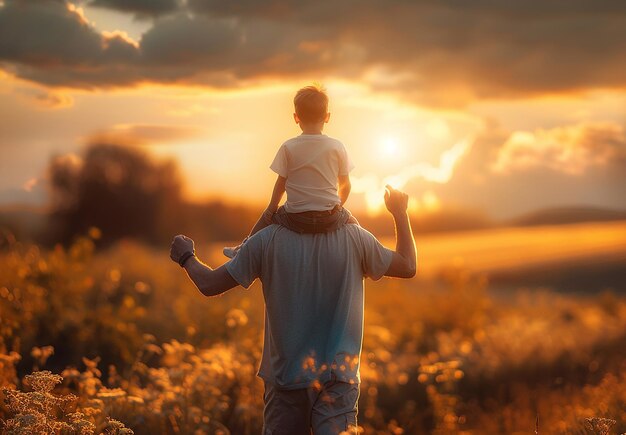 Photo portrait photo d'un père tenant un enfant sur ses épaules dans un champ au coucher du soleil