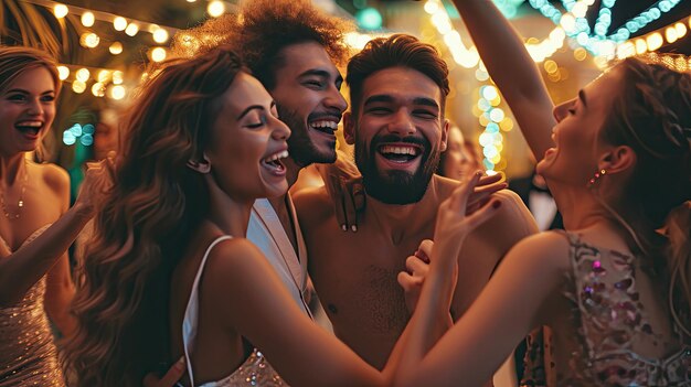 Portrait photo de personnes insouciantes dansant ensemble à un bal de fin d'année en s'amusant en portant de beaux vêtements chics formels