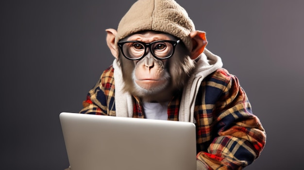 Photo portrait photo en studio d'un singe heureux en vêtements avec un ordinateur portable générateur d'ia