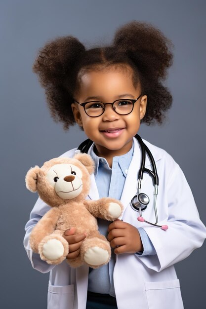 Photo portrait de photo de tête souriante jolie fille afro-américaine portant des lunettes et un uniforme de blouse blanche avec un stéthoscope faisant semblant de médecin regardant la caméra jouant avec un patient en peluche