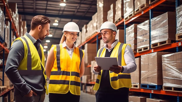 Portrait photo de travailleurs heureux de l'entrepôt et de l'équipe de gestion de l'entrepôt au travail