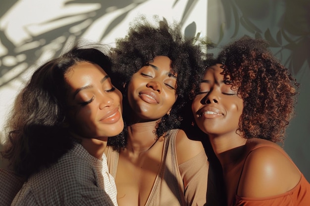 Portrait photo de trois jeunes filles noires afro-américaines heureuses assises ensemble