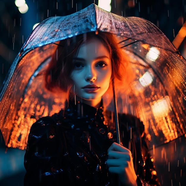 Portrait de photographie abstraite d'une fille avec un parapluie une nuit de pluie dans le style de la ville