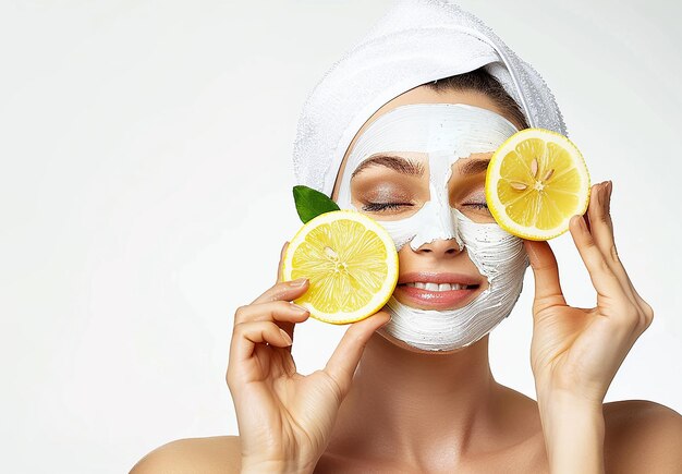 Photo portrait photographique d'une femme avec un masque facial sur le visage avec des citrons sur le face