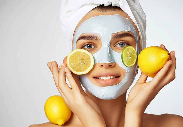 Photo portrait photographique d'une femme avec un masque facial sur le visage avec des citrons sur le face