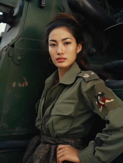 portrait photographique d'une femme militaire devant un véhicule militaire