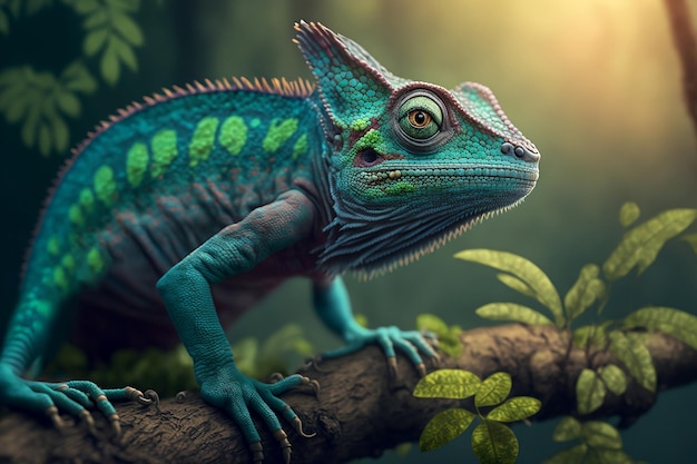 Portrait photoréaliste caméléon coloré, forêt en arrière-plan Generative ai