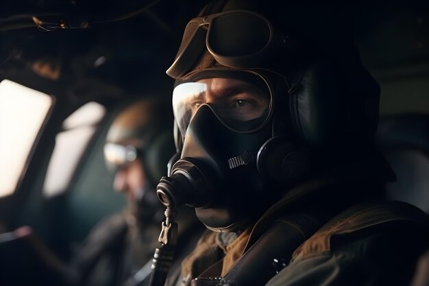 Photo le portrait d'un pilote dans le casque se trouve dans le cockpit d'un avion de chasse