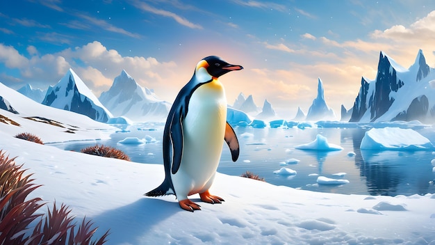 Portrait d'un pingouin joyeux heureux dans un paysage enneigé animal joyeux ludique génératif Ai