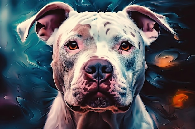 Portrait d'un pitbull blanc amical et adorable dans des couleurs cramoisies et bleues claires AI générative