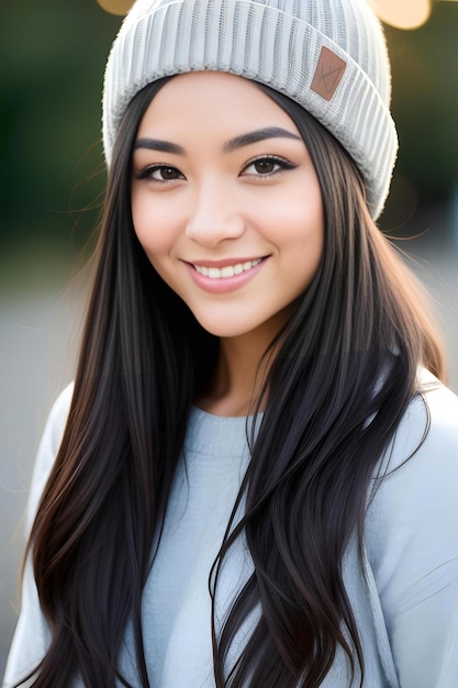 Photo portrait en plein air d'une belle jeune femme asiatique portant un chapeau et un manteau gris