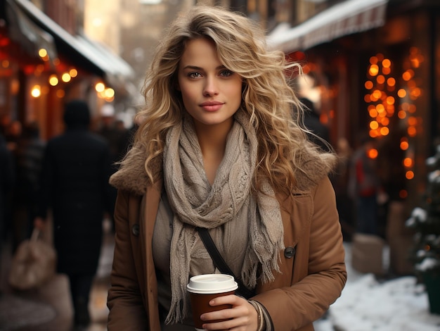 Portrait en plein air d'une belle jeune femme souriante avec un café pendant les vacances de Noël dans la rue de la ville