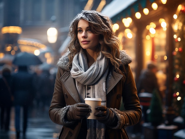 Portrait en plein air d'une belle jeune femme souriante avec un café pendant les vacances de Noël dans la rue de la ville