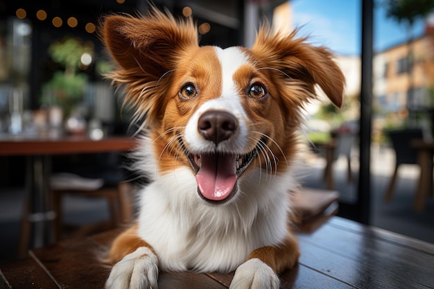 Portrait en plein air d'un chien bâtard dans un café de rue